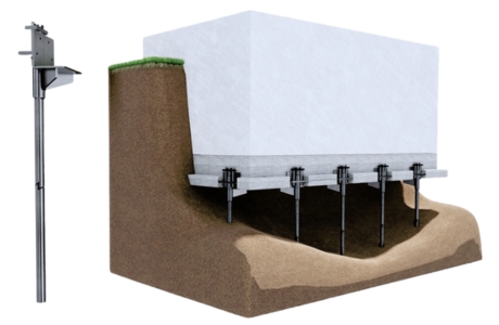 Illustration of push piers installed in Lake City, FL, foundation to stabilize settlement and transfer load to deeper stable soil.