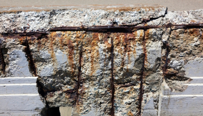 Severely cracked concrete seawall in Ocala, FL, with rust-stained rebar and widening gaps that weaken shoreline support.