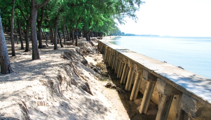 Leaning seawall in Palm Coast, FL, along a waterfront property, showing structural movement, a sign of a seawall problem.