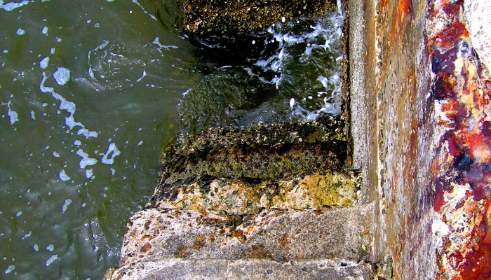 Rust stains and corrosion along a seawall in Lake City, FL caused by constant water exposure and deteriorating metal components.
