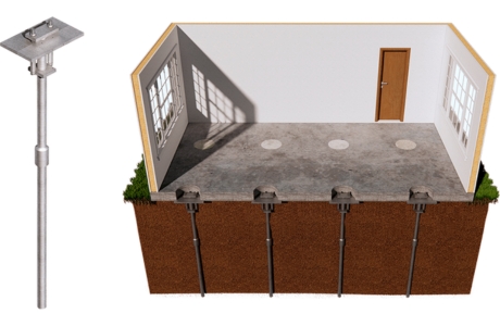 Illustration of slab pier system installation in Ocala, FL, supporting a settling foundation slab, for foundation repair.