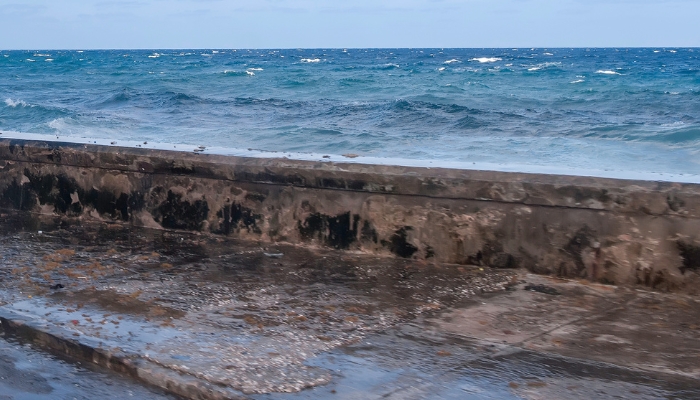 Water pooling behind a seawall in Gainesville, FL, after rainfall, indicating pressure buildup and drainage issues.