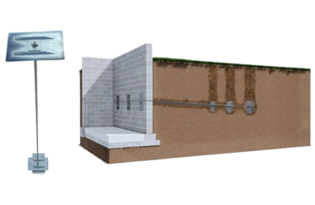 Illustration of foundation wall support system in place to stabilize wall movement in Ocala, FL, a foundation repair solution.