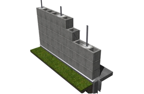 Illustration of wall rebar pins installation in Gainesville, FL, foundation wall to help stabilize cracking caused by soil movement.