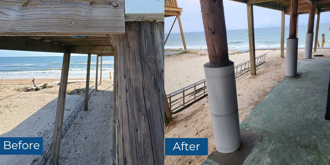 Before and after beach house piling repair in Ponte Vedra Beach, FL, showing damaged wooden piling and restored foundation stability.