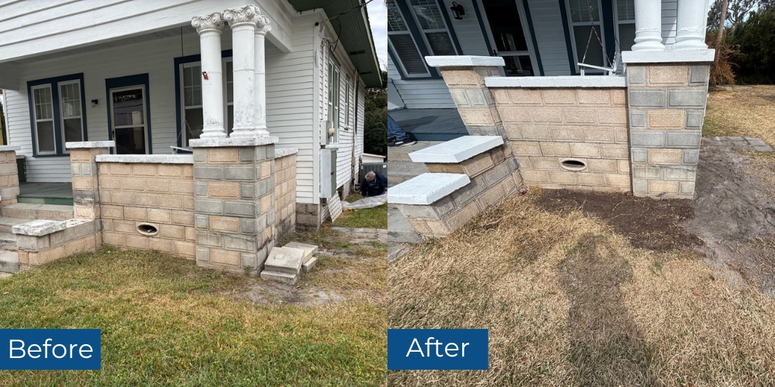 Before and after front porch repair showing lifted columns and leveled masonry after stabilization in St. Augustine, FL.