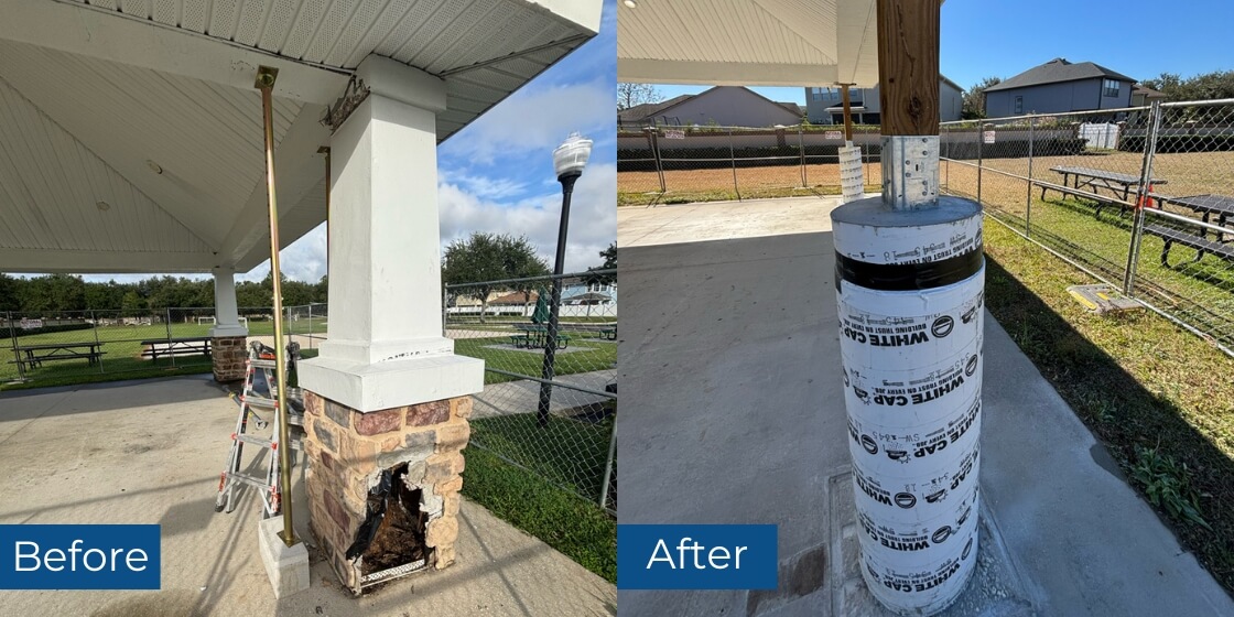 Before and after structural repair of the gazebo post base in Jacksonville, FL, with a reinforced concrete footing retrofit.