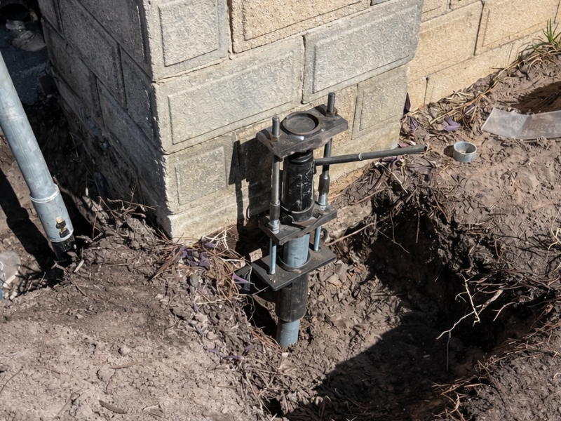 Steel foundation bracket attached to helical pier beneath porch footing transferring structural load in St. Augustine, FL.