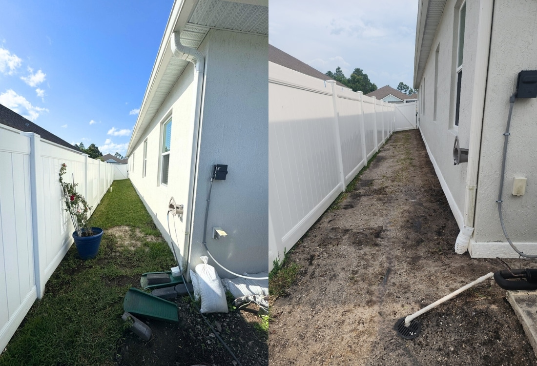Before and after buried downspout drainage installation in the yard of a home in Palm Coast, FL.