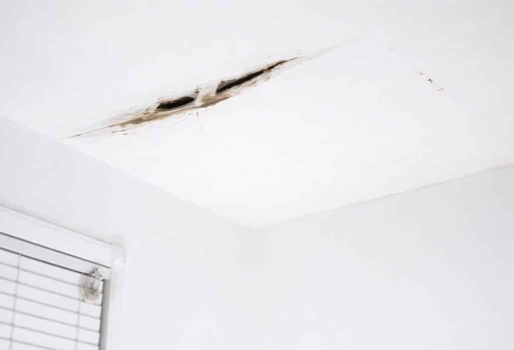 Sagging ceiling with dark water staining and drywall damage in a Florida home showing serious moisture intrusion from above.