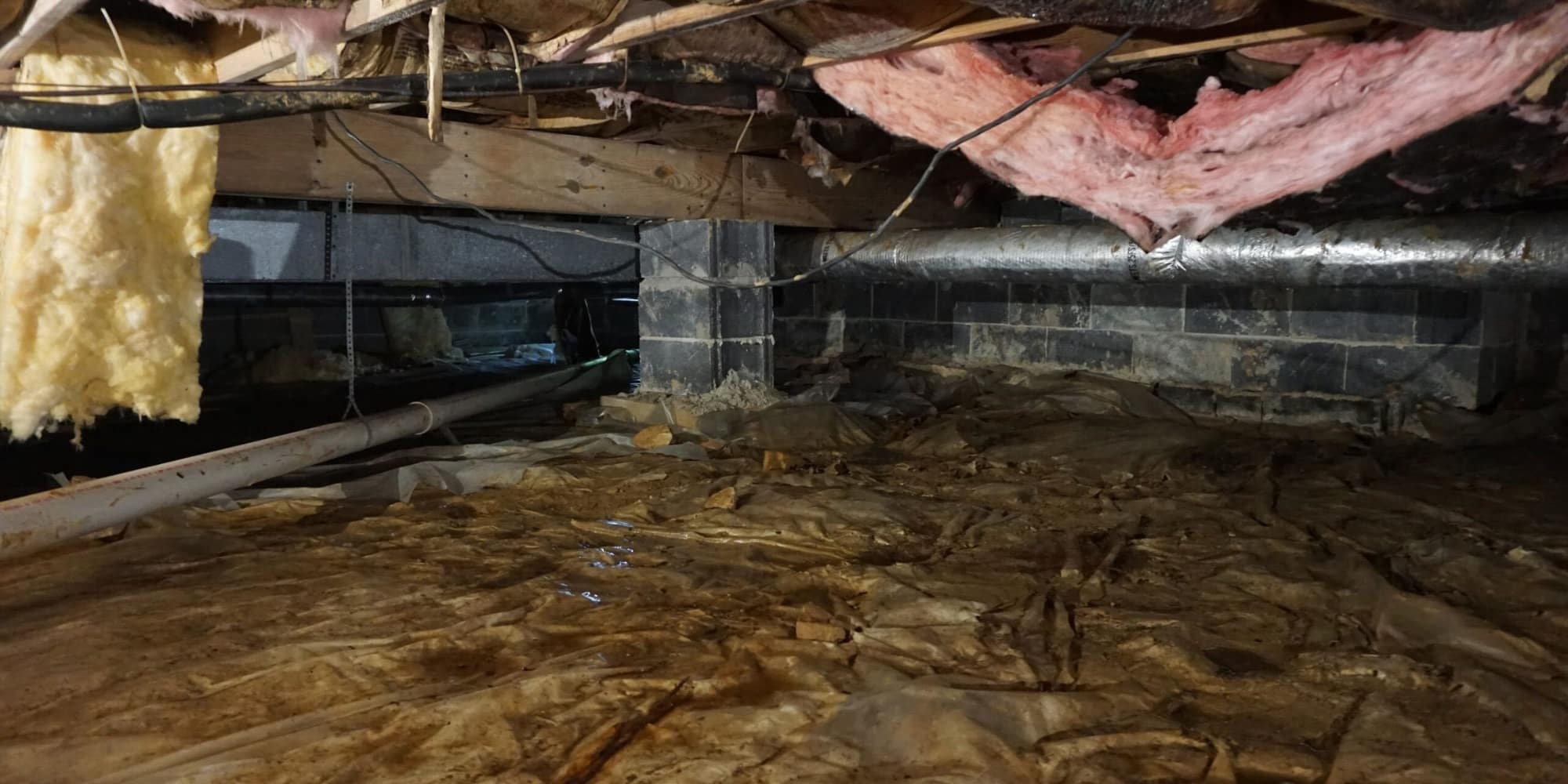 Deteriorated vapor barrier and wet insulation falling from joists, showing causes of water in crawl space in Northern Florida.