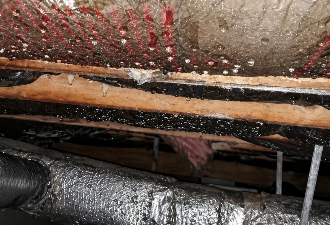 Condensation forming on ductwork in crawl space caused by high humidity, a sign crawl space needs vapor barrier in Gainesville, FL.