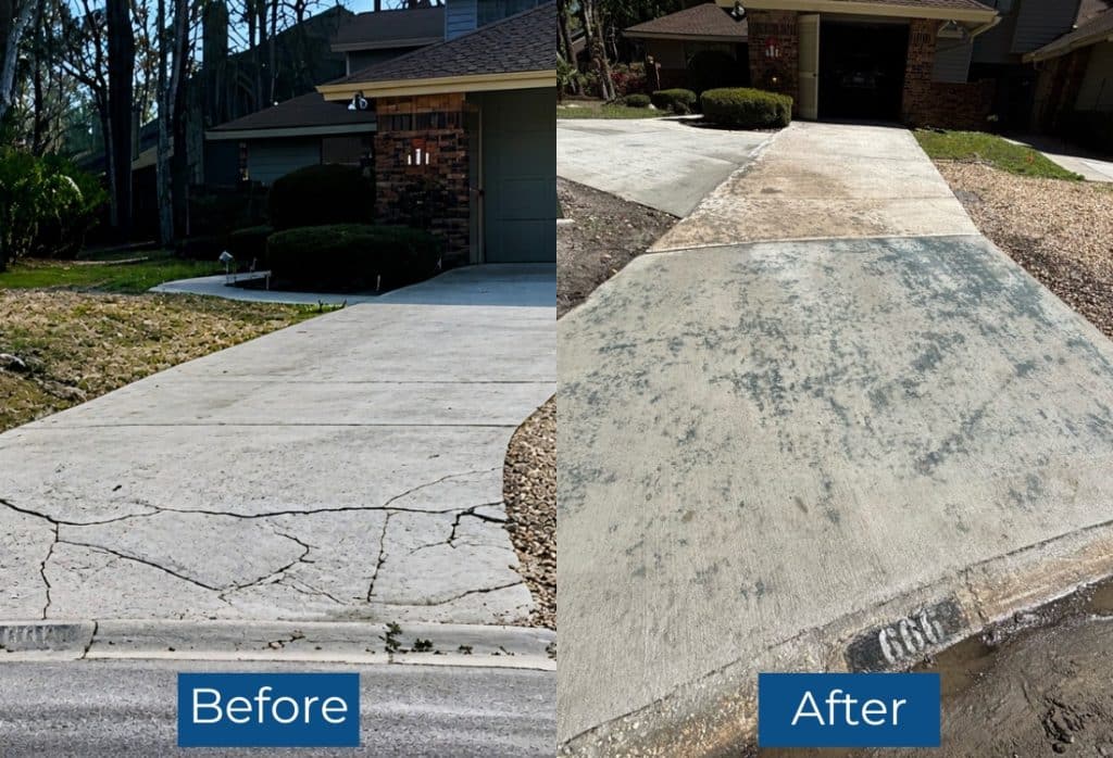 Before and after concrete driveway crack repair in Gainesville, FL, showing alligator driveway cracks restored to a smooth surface.