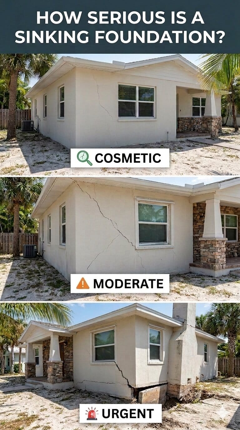 Sinking foundation comparison diagram showing cosmetic, moderate, and urgent signs with recommended actions for Florida homeowners.
