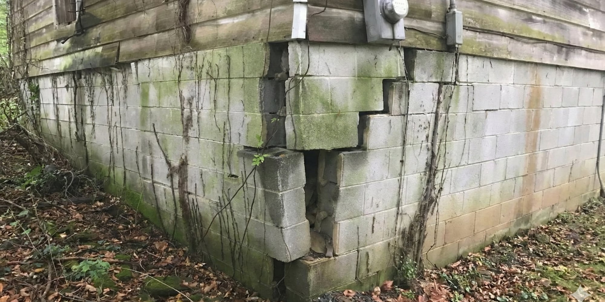 Severe stair-step cracking and block displacement in home foundation wall showing signs of sinking foundation in Northern Florida.