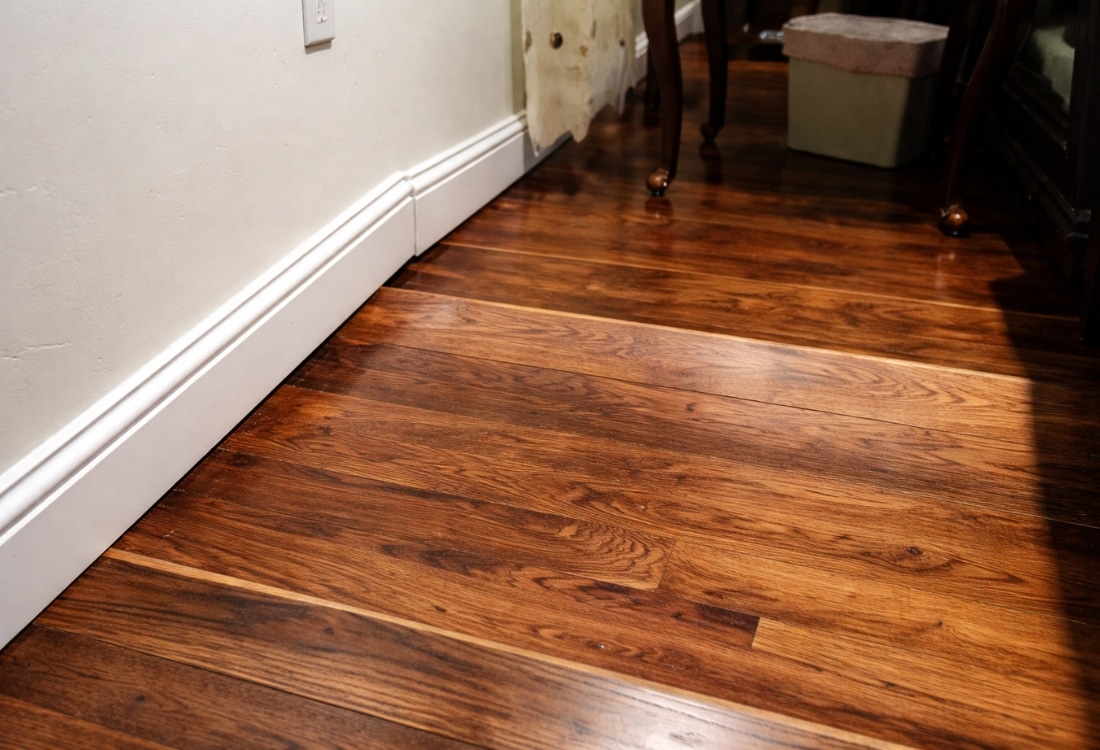 Warping and soft spots of hardwood floors inside home caused by moisture, a sign crawl space needs vapor barrier in Ocala, FL.
