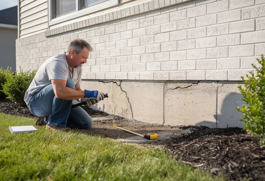 Expert inspecting a large diagonal crack on the foundation wall during a sinking foundation evaluation in Gainesville, FL.