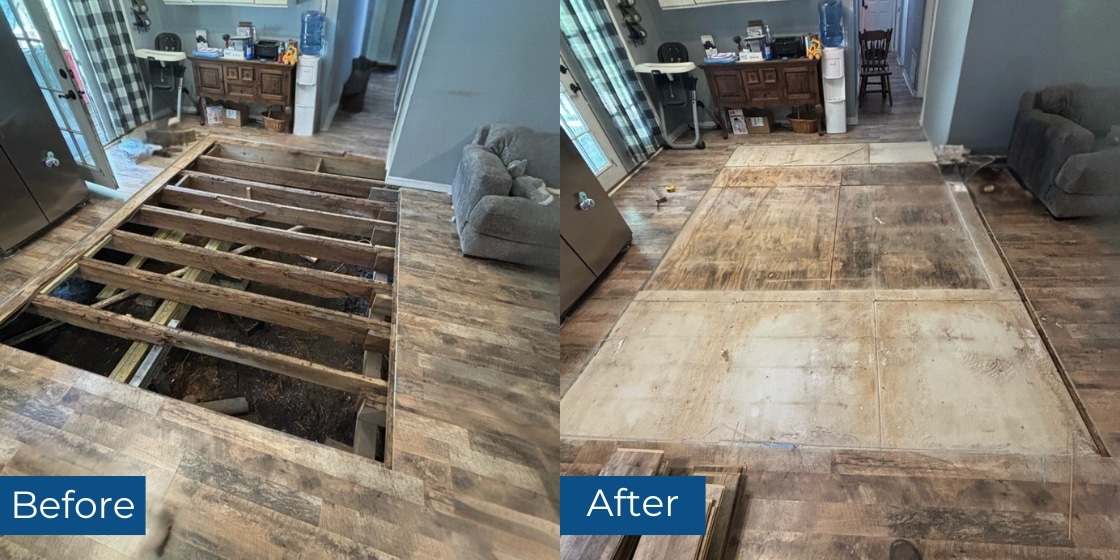 Before and after sagging floor repair in Callahan, FL, showing removed damaged sub-floor and new support posts and sub-floor installed.