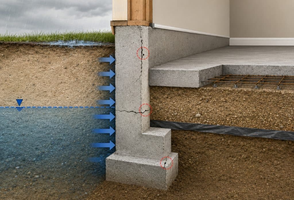 Diagram showing hydrostatic water pressure pushing on a foundation wall, causing types of foundation cracks in Jacksonville, FL.