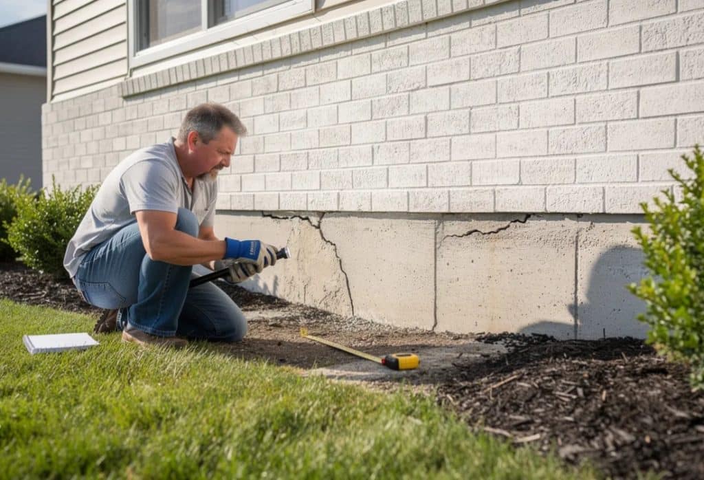 Technician inspecting a foundation wall for any signs of problem causing foundation leaks in Palm Coast, FL, home.
