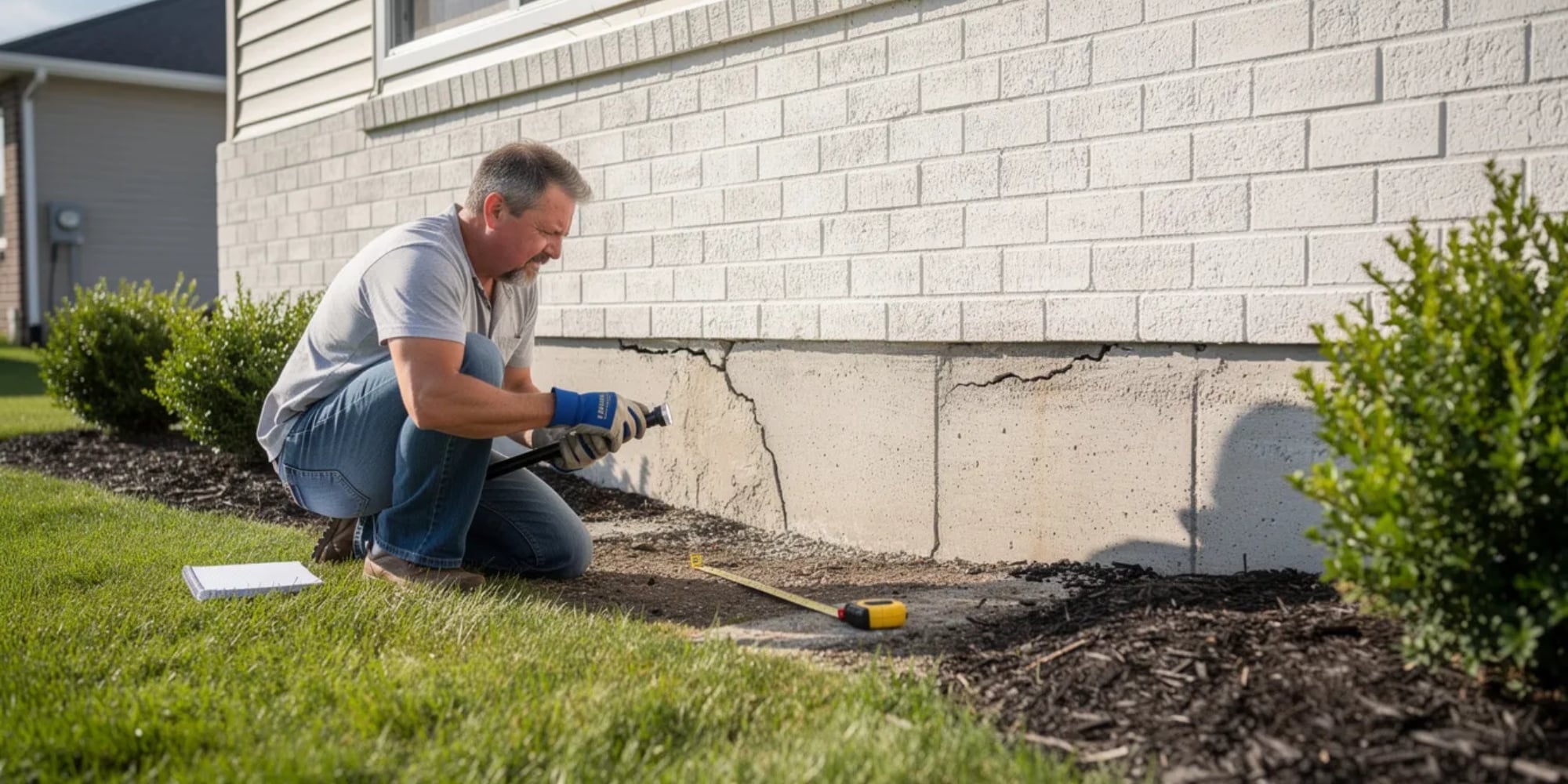 A foundation inspector examining a cracked exterior wall during home foundation inspection in Northern Florida.