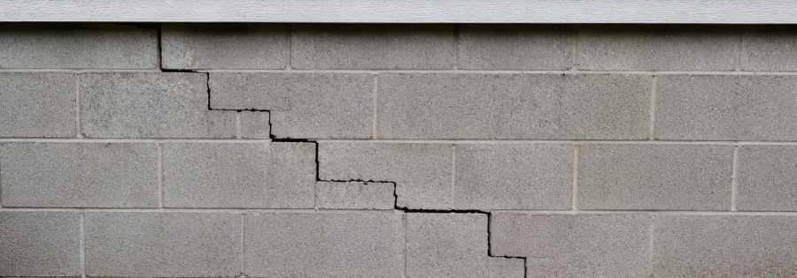 Stair-step crack zigzagging in mortar joints on concrete block foundation wall, a structural type of foundation cracks in Palatka, FL.
