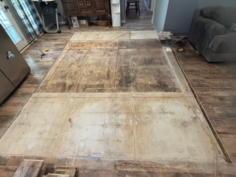 New plywood sub-floor panels installed and leveled across the main living space during crawl space floor repair in Callahan, FL.