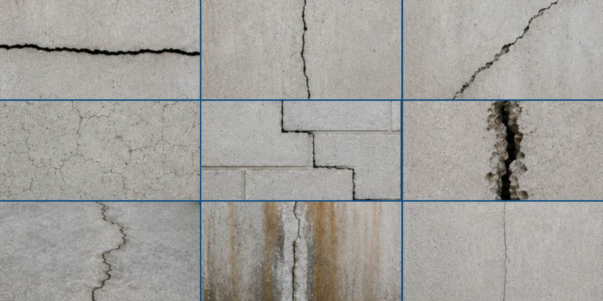 Diagram showing different types of foundation cracks in Florida; horizontal, vertical, hairline, stair-step, structural, and more.
