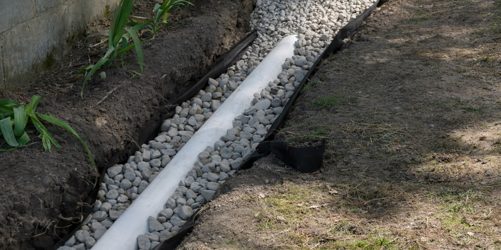 Types of foundation drainage systems in Florida showing a perforated pipe and gravel French drain alongside a home foundation.