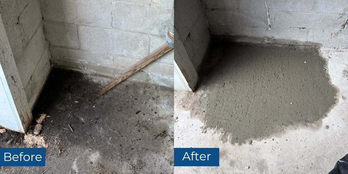 Before and after helical pier installation in Neptune Beach FL showing sinking laundry floor and concrete patched after pier installed.