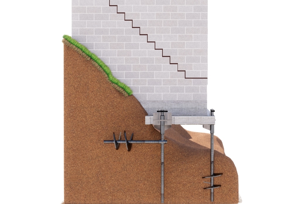 Helical tieback anchors illustrated to resist extreme pressure, a bowed foundation wall repair method in St Augustine, FL.