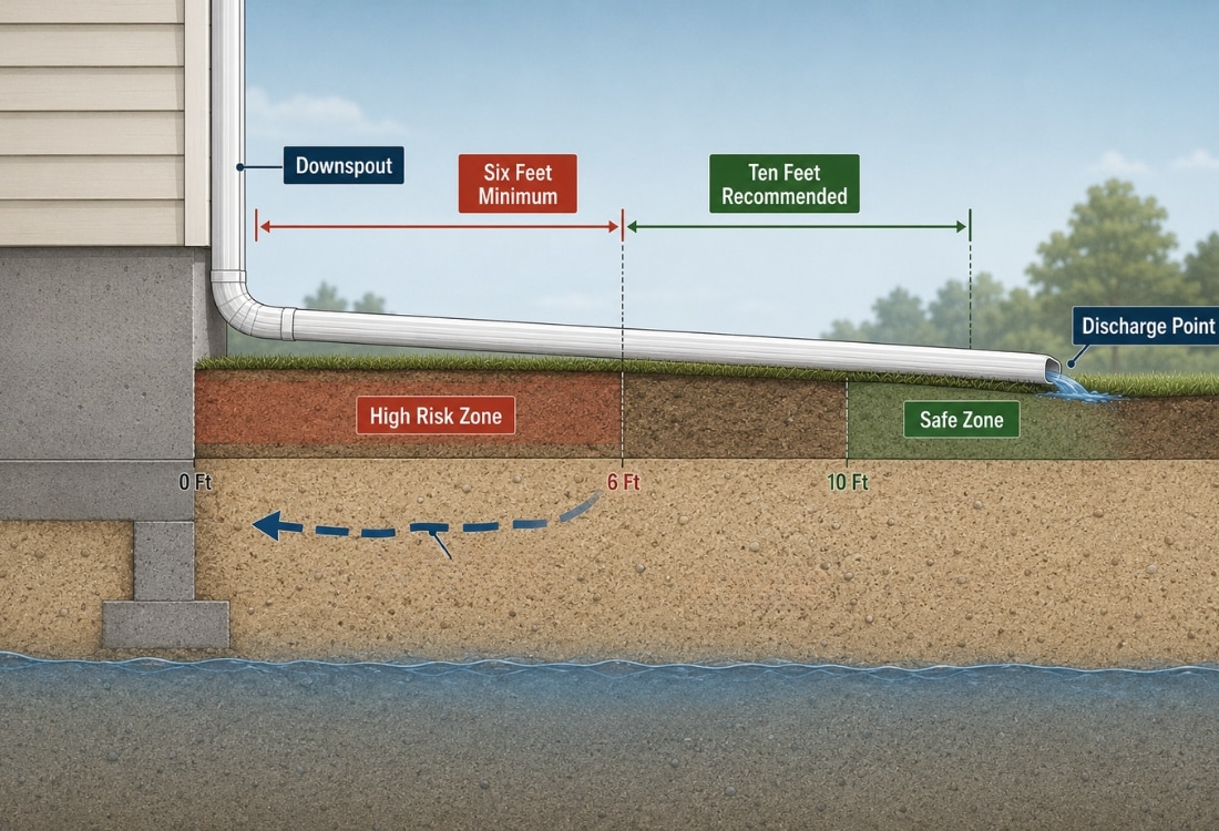 Illustration showing correct downspout extension distance of ten feet from a Florida home foundation versus short two-foot discharge.