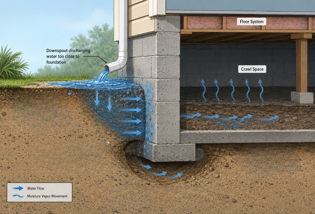 Illustration showing how short downspouts cause hydrostatic pressure, soil erosion, and crawl space moisture in Jacksonville, FL.