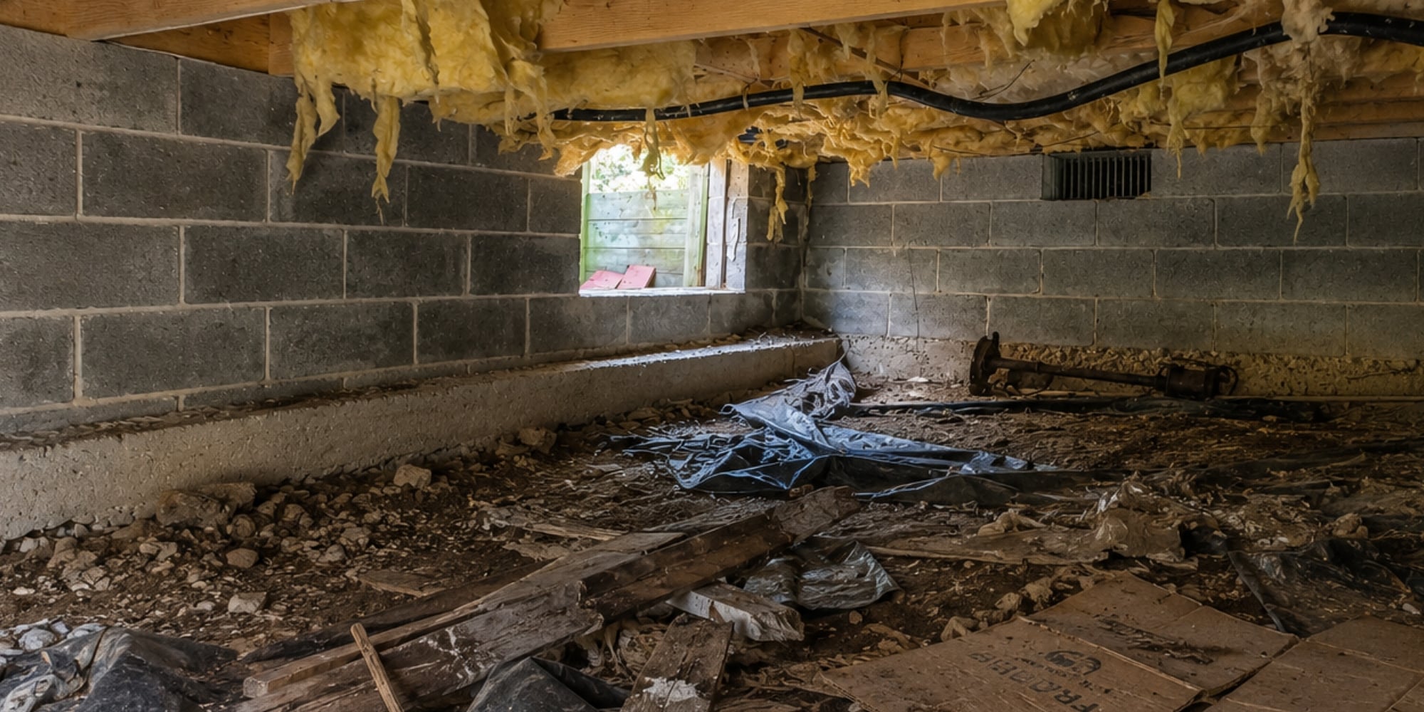 Damp unsealed crawl space beneath a Northern Florida home showing moisture buildup causing musty crawl space smell.