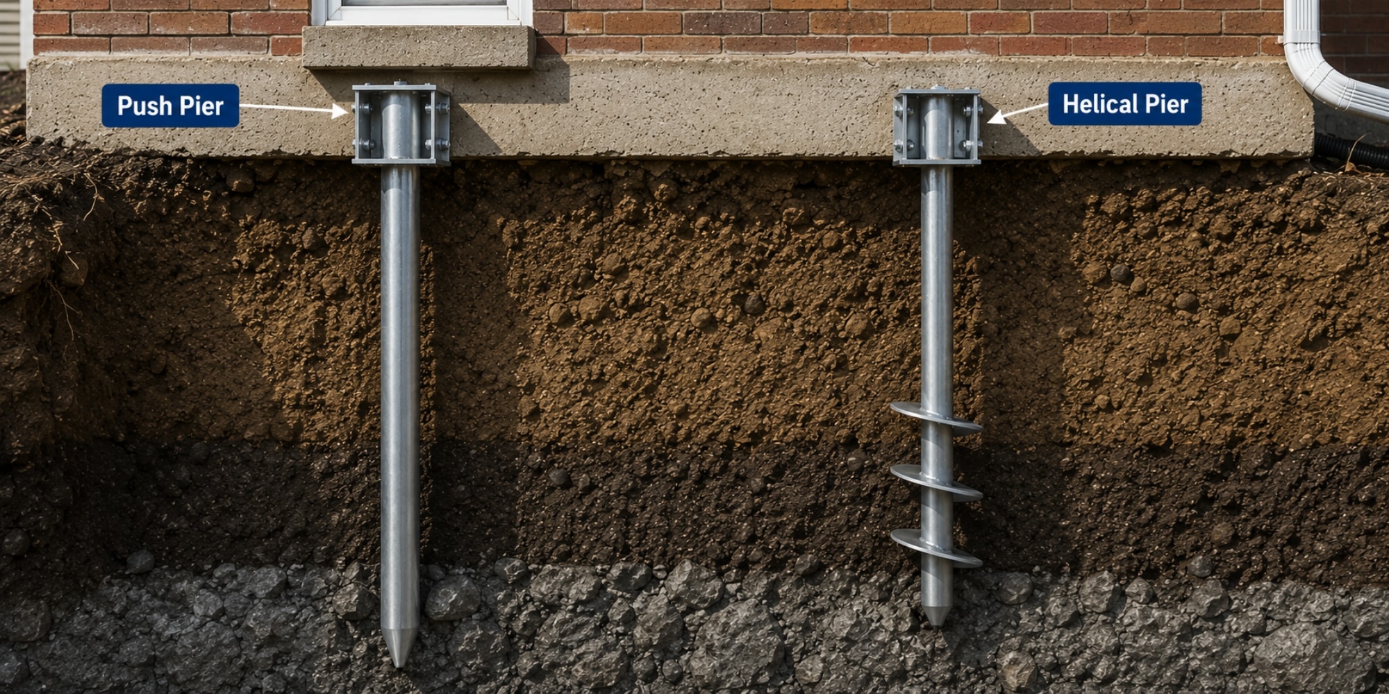 Illustration showing push piers vs helical piers installed beneath a home's foundation in Northern Florida.