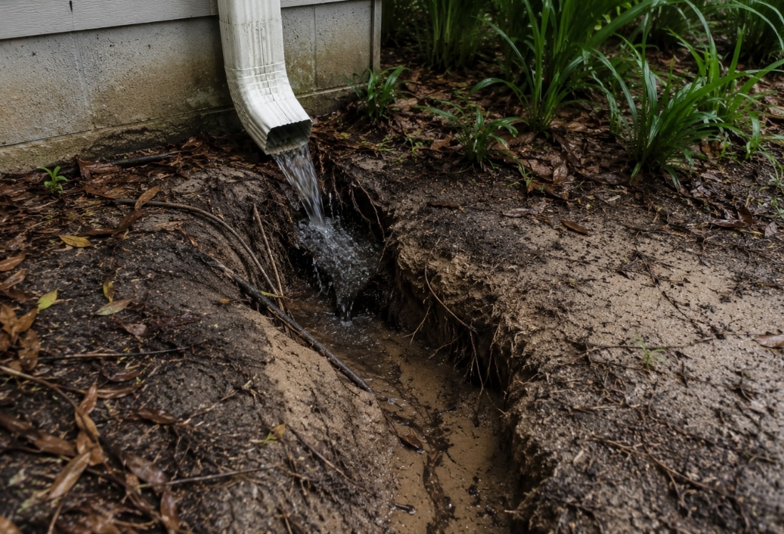 Soil erosion and washed-out at the base of downspout, a sign that short downspout damage foundation in St Augustine, FL.