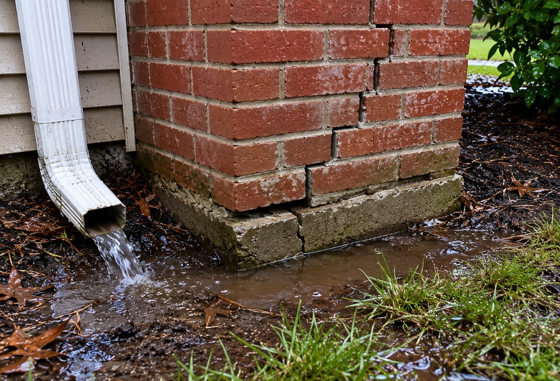 Cracked brick foundation with standing water, sign of short downspout damaging foundation in Gainesville, FL.