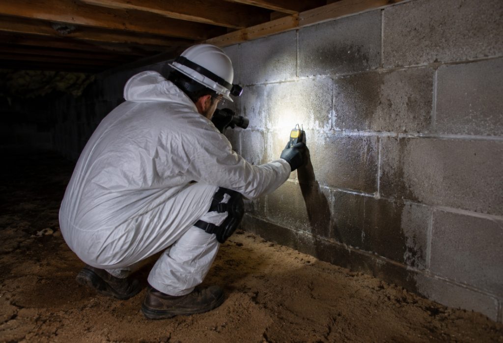 Foundation specialist inspecting underneath with a moisture meter to get rid of musty smell in crawl space in St Augustine, FL.