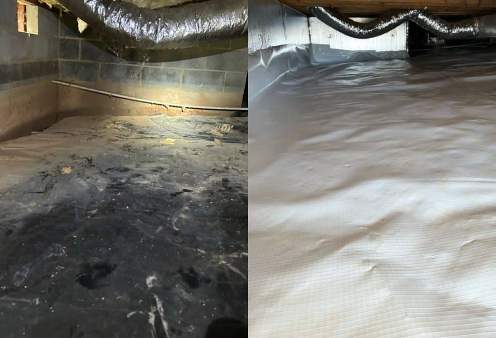 Before and after crawl space sealing in a St Augustine, FL, home showing transformation from damp to clean sealed space.