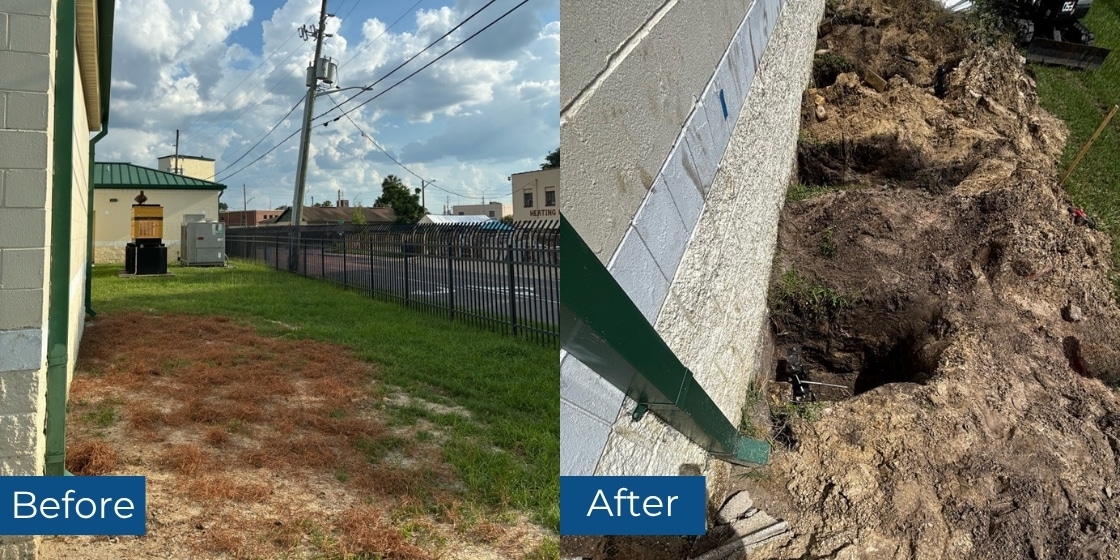 Before excavation and during active push pier installation for commercial foundation repair in Jacksonville, FL.