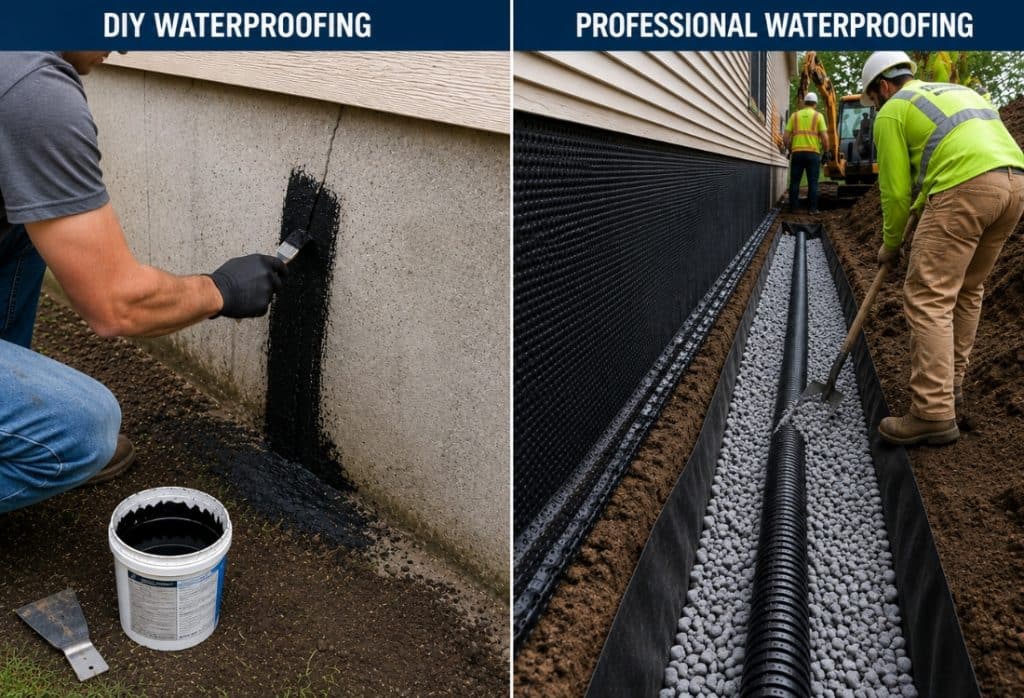 Comparison of a DIY waterproofing versus professional one, showing why it matters for foundation waterproofing cost in Gainesville, FL.