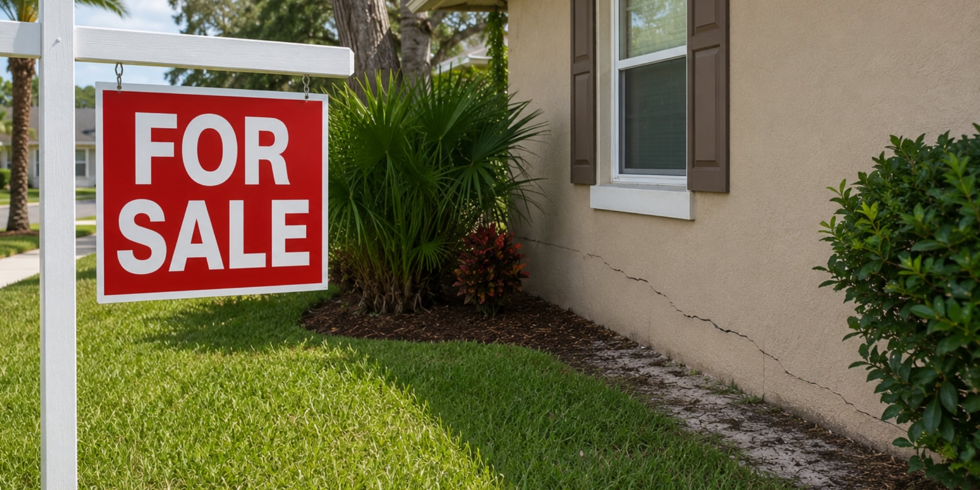 A home with a for-sale sign in the yard with exterior showing visible foundation cracks affecting its home value in Northern Florida.
