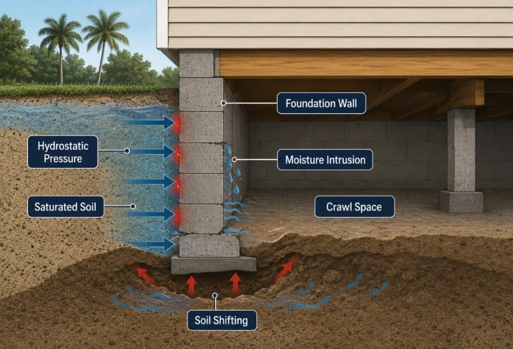 Illustration showing hydrostatic pressure saturated soil and moisture intrusion caused by water pooling around foundation in Ocala, FL.
