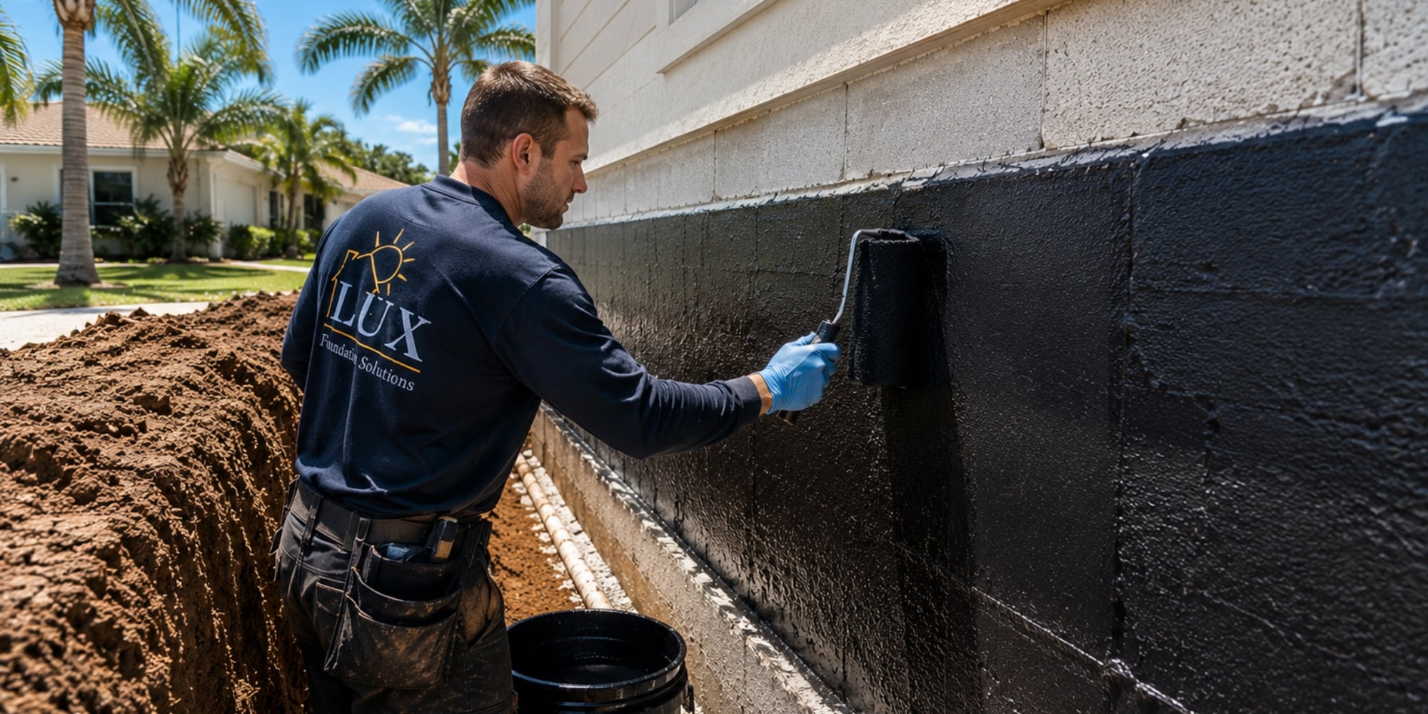 A professional applying a waterproofing membrane to an exposed exterior wall for foundation waterproofing methods in Northern Florida.