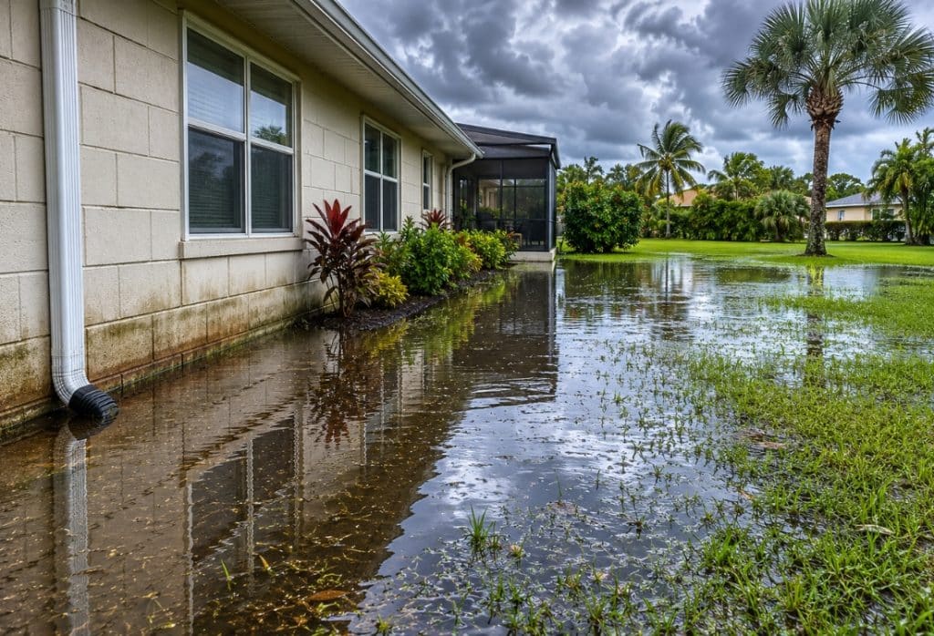 Wide water puddles across the yard needing drainage solution to stop water pooling around the foundation in Jacksonville, FL.