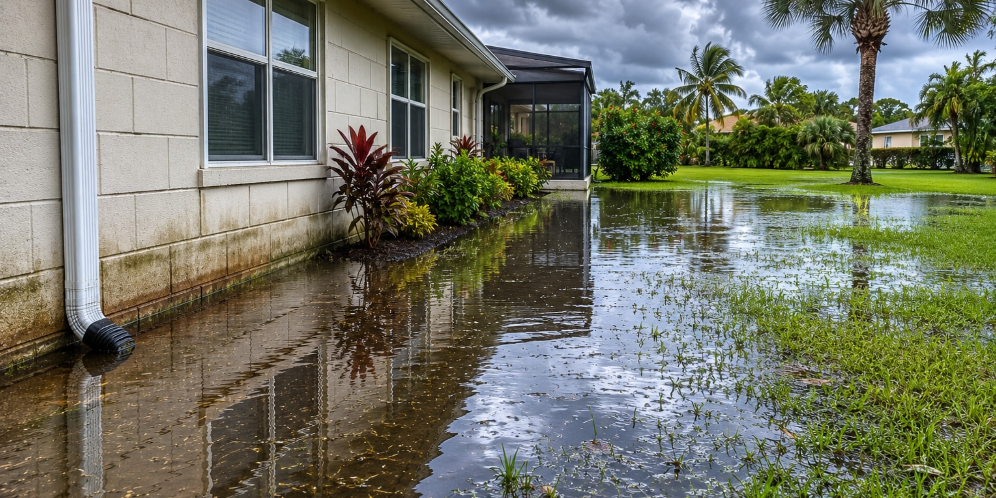 Water pooling against the base of a concrete block foundation wall on a Northern Florida home after heavy rain.