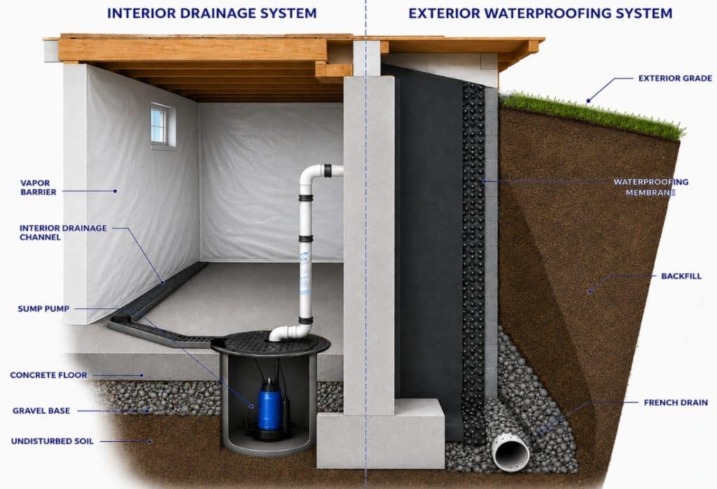 Diagram of interior and exterior foundation waterproofing methods, a key factor in foundation waterproofing cost in St Augustine, FL