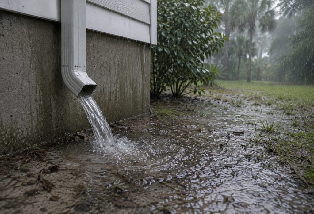 Short downspout discharging water directly near home causing soil saturation and water pooling around foundation in Gainesville, FL.