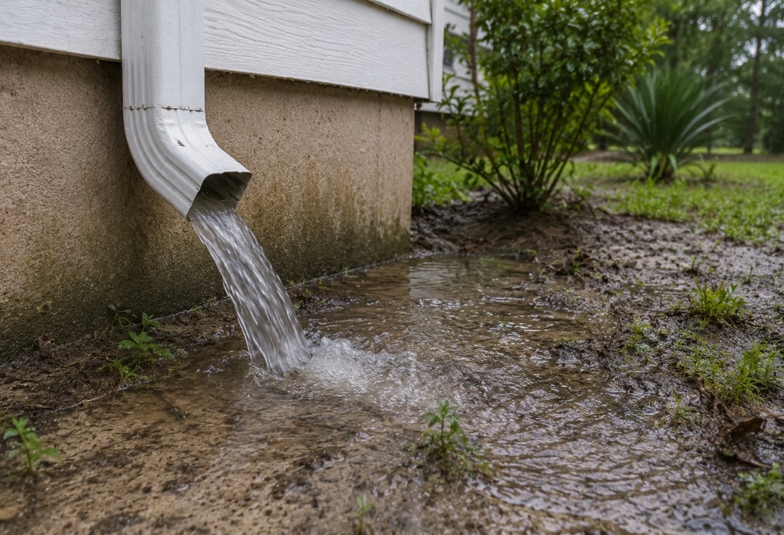 Water pooling near a home foundation as a short downspout releases roof runoff, needing foundation waterproofing in Jacksonville, FL.