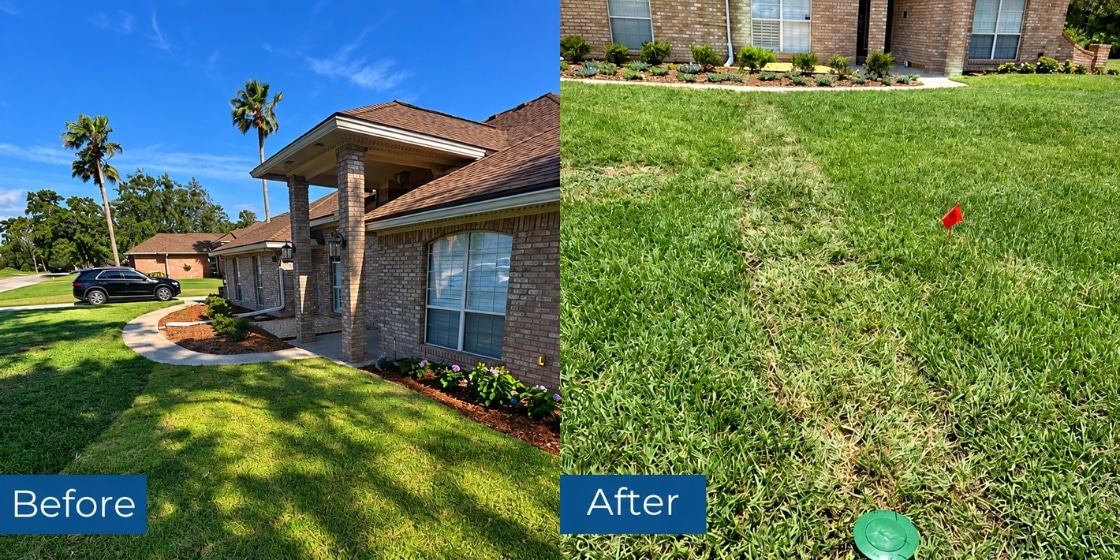 Before and after downspout drainage system installation at Jacksonville, FL brick home, site before work and finished lawn after.